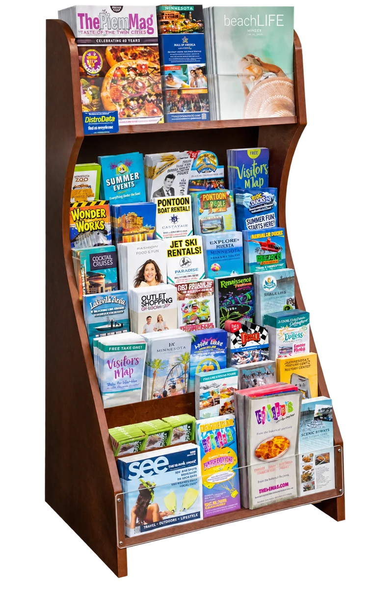 Wooden DistroData display stocked with magazines, maps, and brochures