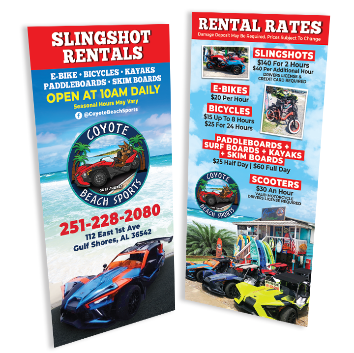 Rack card for Coyote Beach Sports in Gulf Shores, Alabama